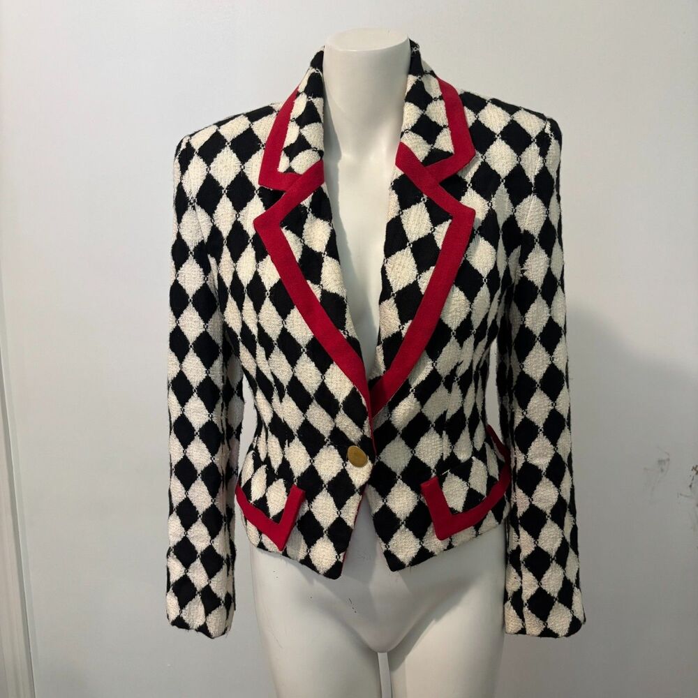 Ann Taylor Studio size 2 Vintage Black and White Checkered Statement Crop Blazer